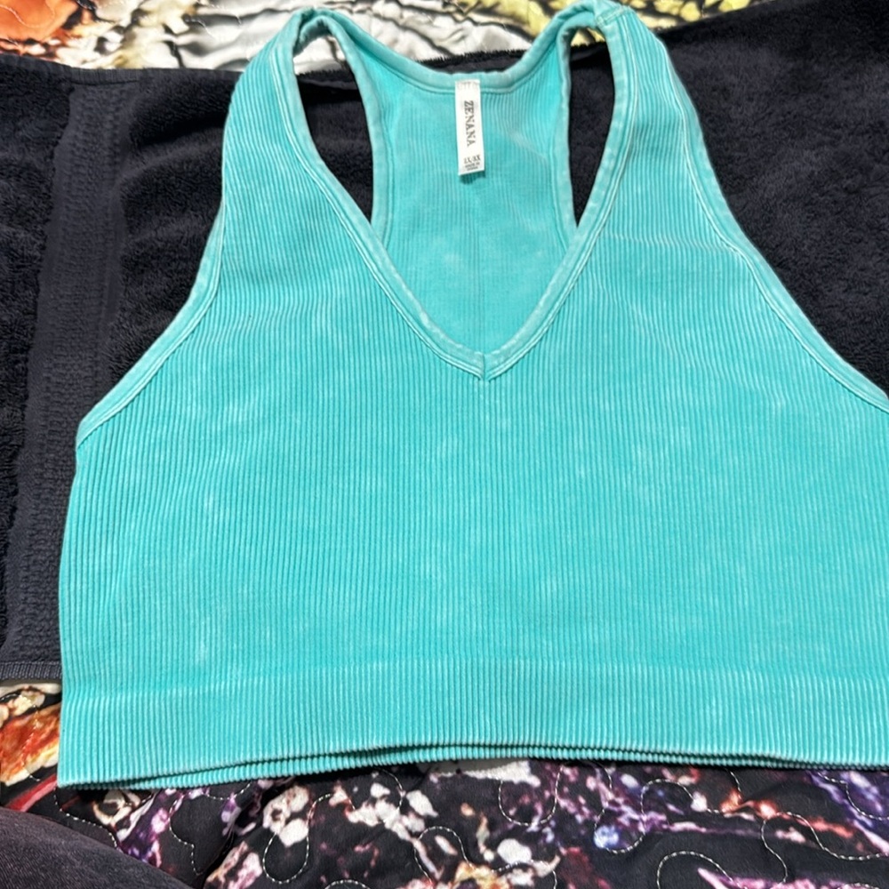 Zenana Teal Ribbed Racerback Tank Top Bra - Picture 2 of 3